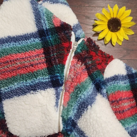 TALBOTS Ultra Plush Sherpa Fleece Shawl Zip Pullover - Plaid 🎈♣️ - Picture 3 of 9